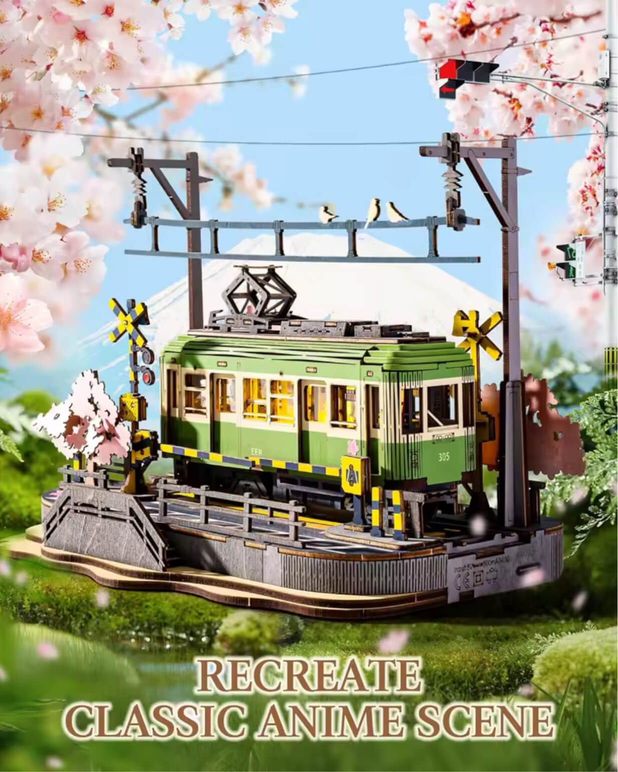 Sakura Tram with LED Lights 3D Wooden Puzzles Japanese DIY crafts Home decorative objects  gift for Adults Kids Children model kits