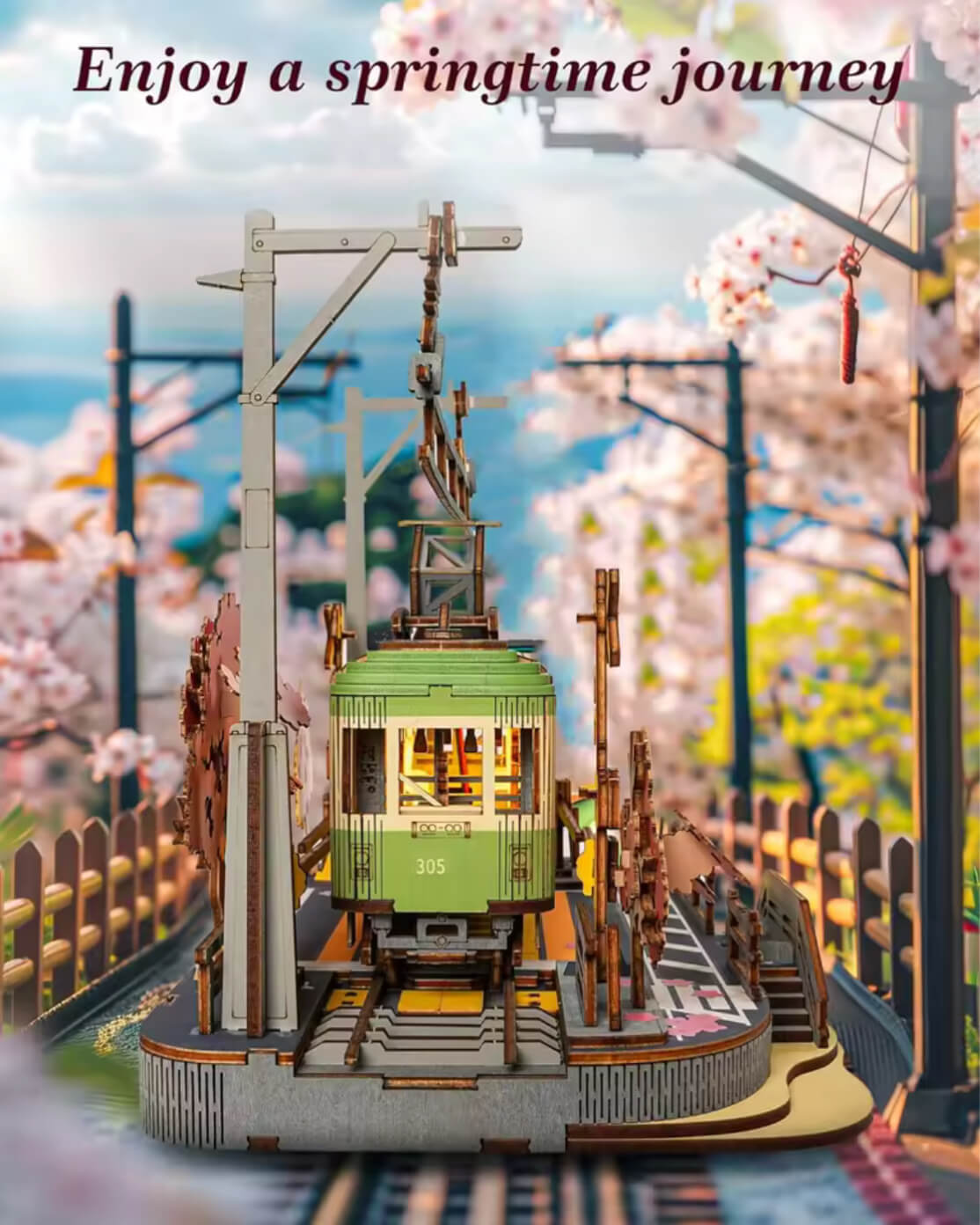 Sakura Tram with LED Lights 3D Wooden Puzzles Japanese DIY crafts Home decorative objects  gift for Adults Kids Children model kits