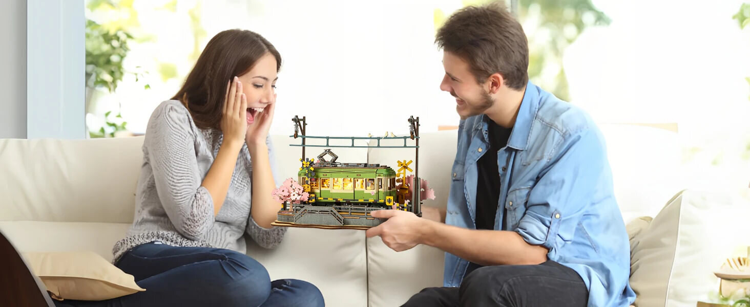 Sakura Tram with LED Lights 3D Wooden Puzzles Japanese DIY crafts Home decorative objects  gift for Adults Kids Children model kits