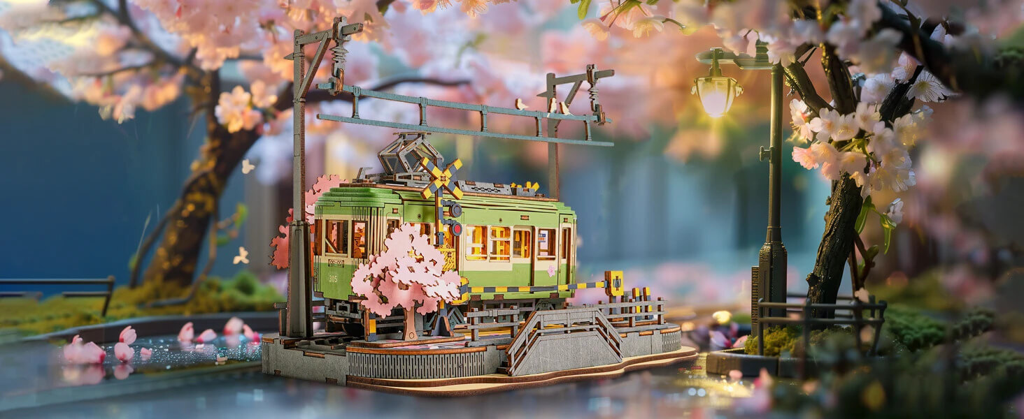 Sakura Tram with LED Lights 3D Wooden Puzzles Japanese DIY crafts Home decorative objects  gift for Adults Kids Children model kits