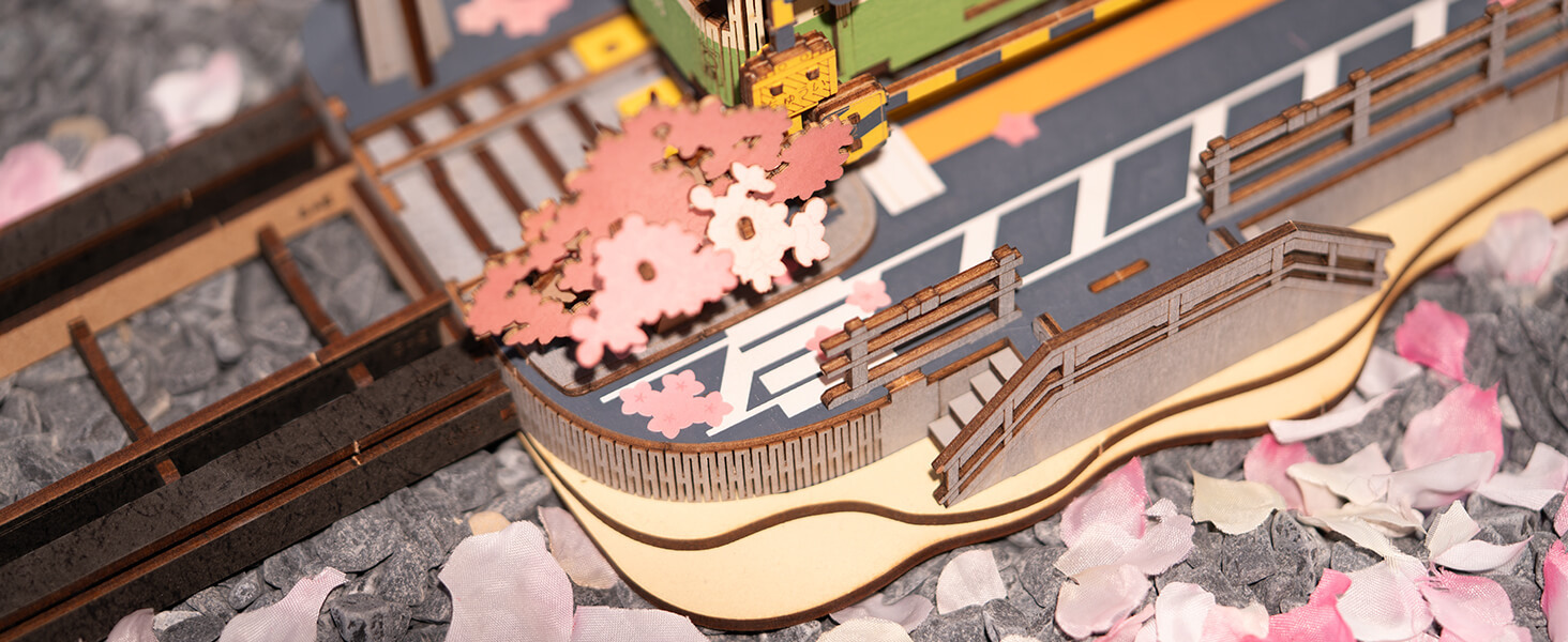 Sakura Tram with LED Lights 3D Wooden Puzzles Japanese DIY crafts Home decorative objects  gift for Adults Kids Children model kits
