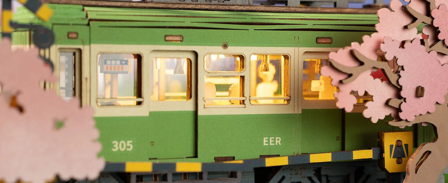 Sakura Tram with LED Lights 3D Wooden Puzzles Japanese DIY crafts Home decorative objects  gift for Adults Kids Children model kits