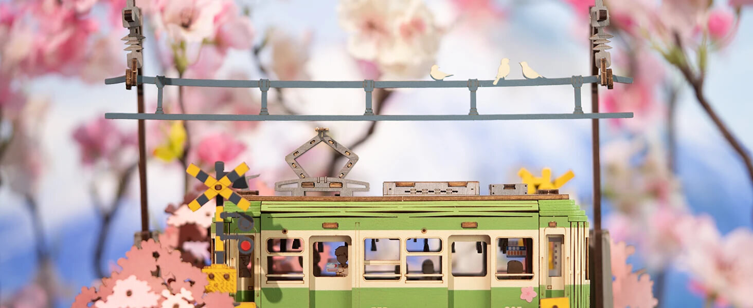 Sakura Tram with LED Lights 3D Wooden Puzzles Japanese DIY crafts Home decorative objects  gift for Adults Kids Children model kits