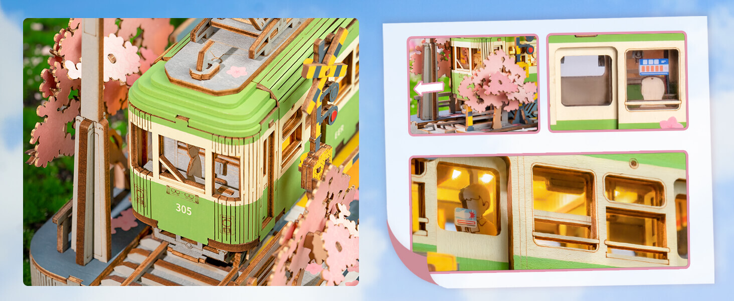 Sakura Tram with LED Lights 3D Wooden Puzzles Japanese DIY crafts Home decorative objects  gift for Adults Kids Children model kits