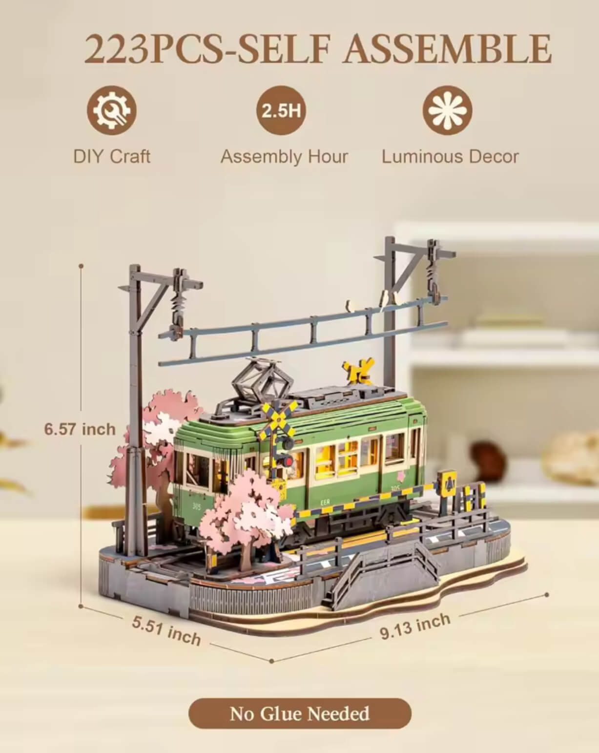 Sakura Tram with LED Lights 3D Wooden Puzzles Japanese DIY crafts Home decorative objects  gift for Adults Kids Children model kits