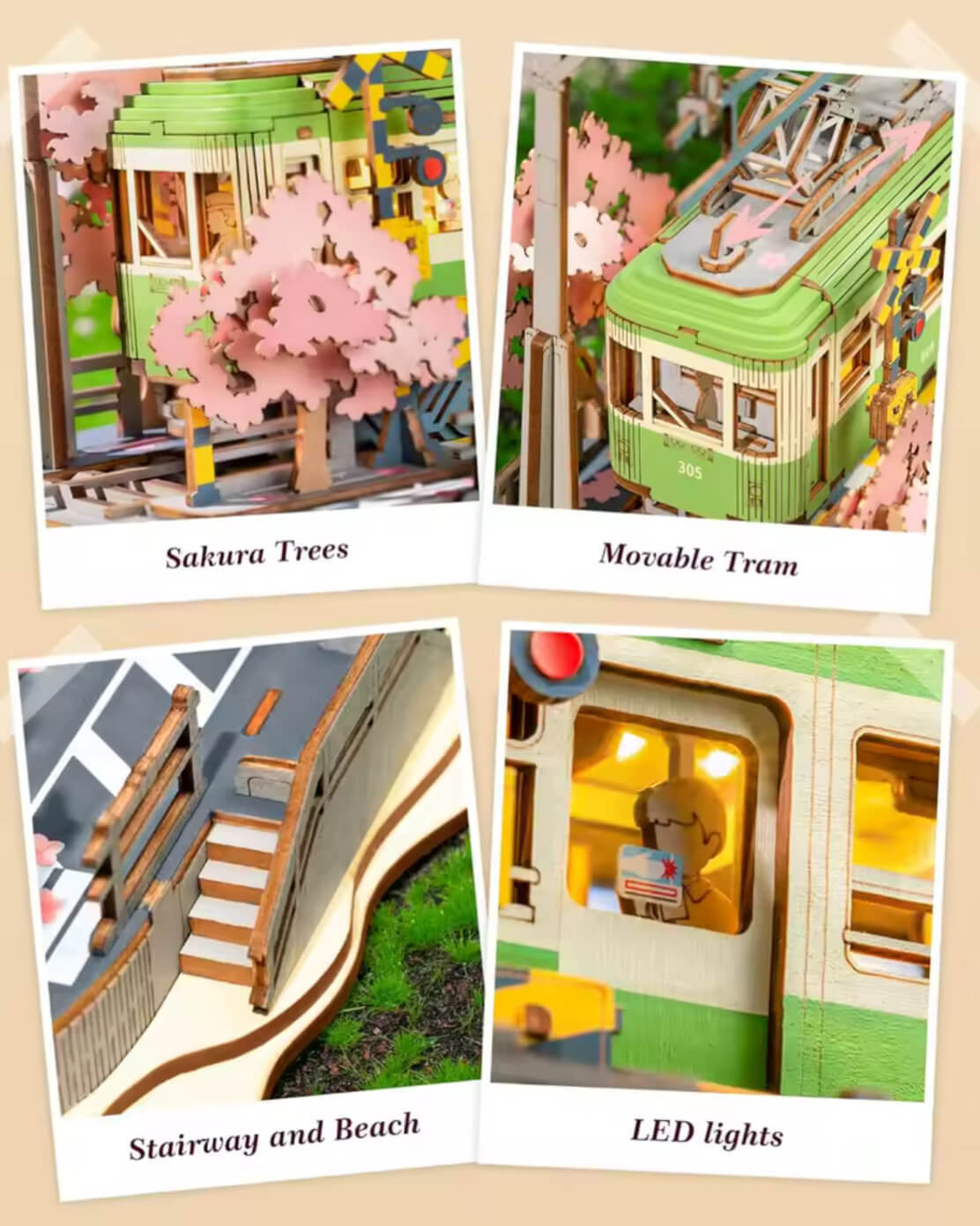 Sakura Tram with LED Lights 3D Wooden Puzzles Japanese DIY crafts Home decorative objects  gift for Adults Kids Children model kits