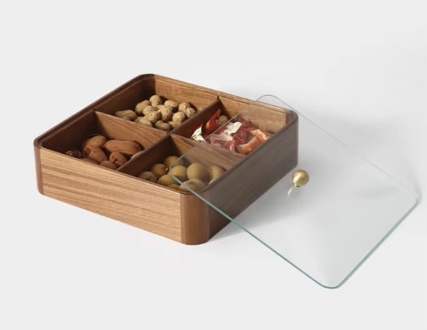 Square North American Black Walnut Fruit Living Room Coffee Table Home High-end Exquisite Lattice Solid Wood Fruits Bowl Box Decoration Cuisine Simple Dining Tableware Breakfast dessert Dinnerware Boxes Bowls in brown solid design with transparent clear glass framed lid