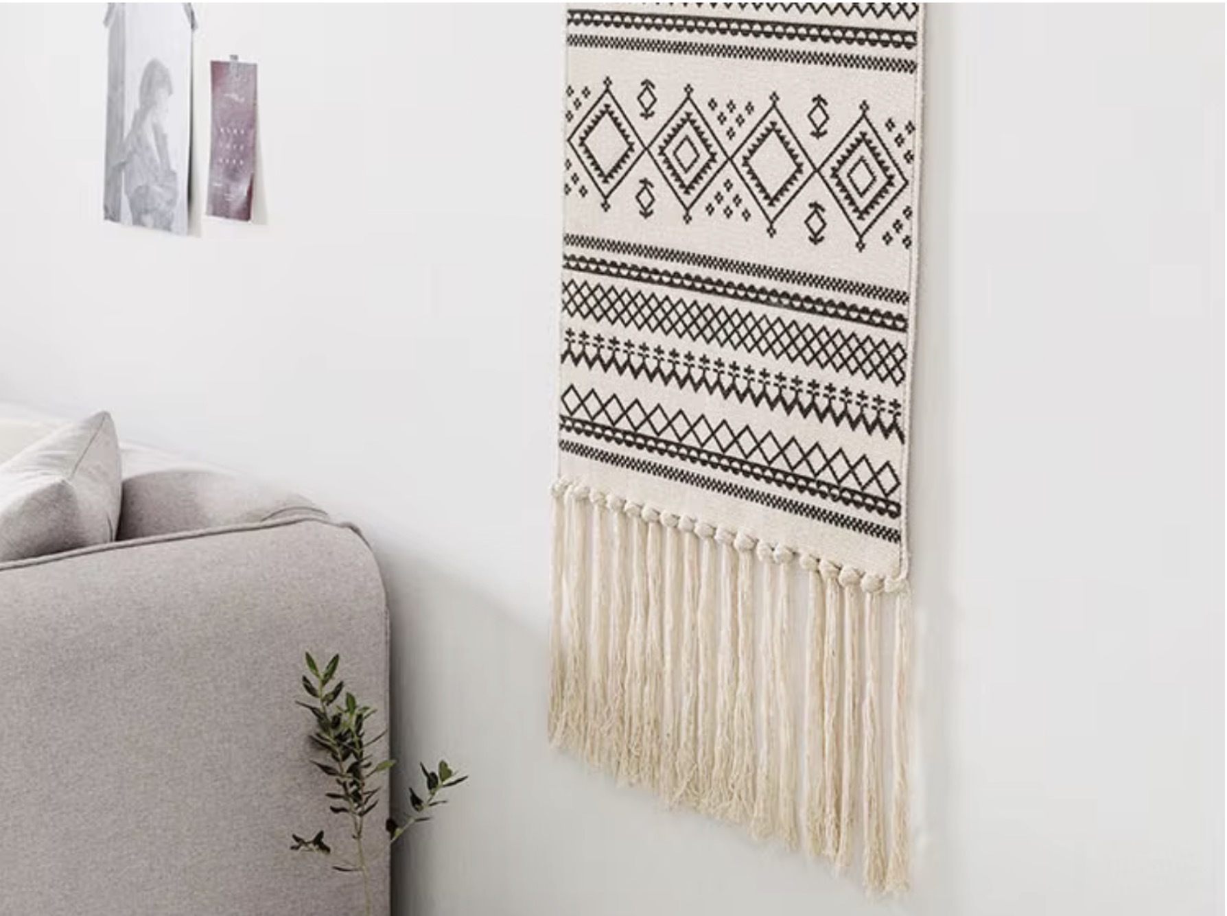 Boho Home decoration Geometric Bohemian Tapestry Wall decor aesthetic room Tassel Macrame Hanging Art Woven Cotton Handmade Linen Tapestries in black with multi cream
