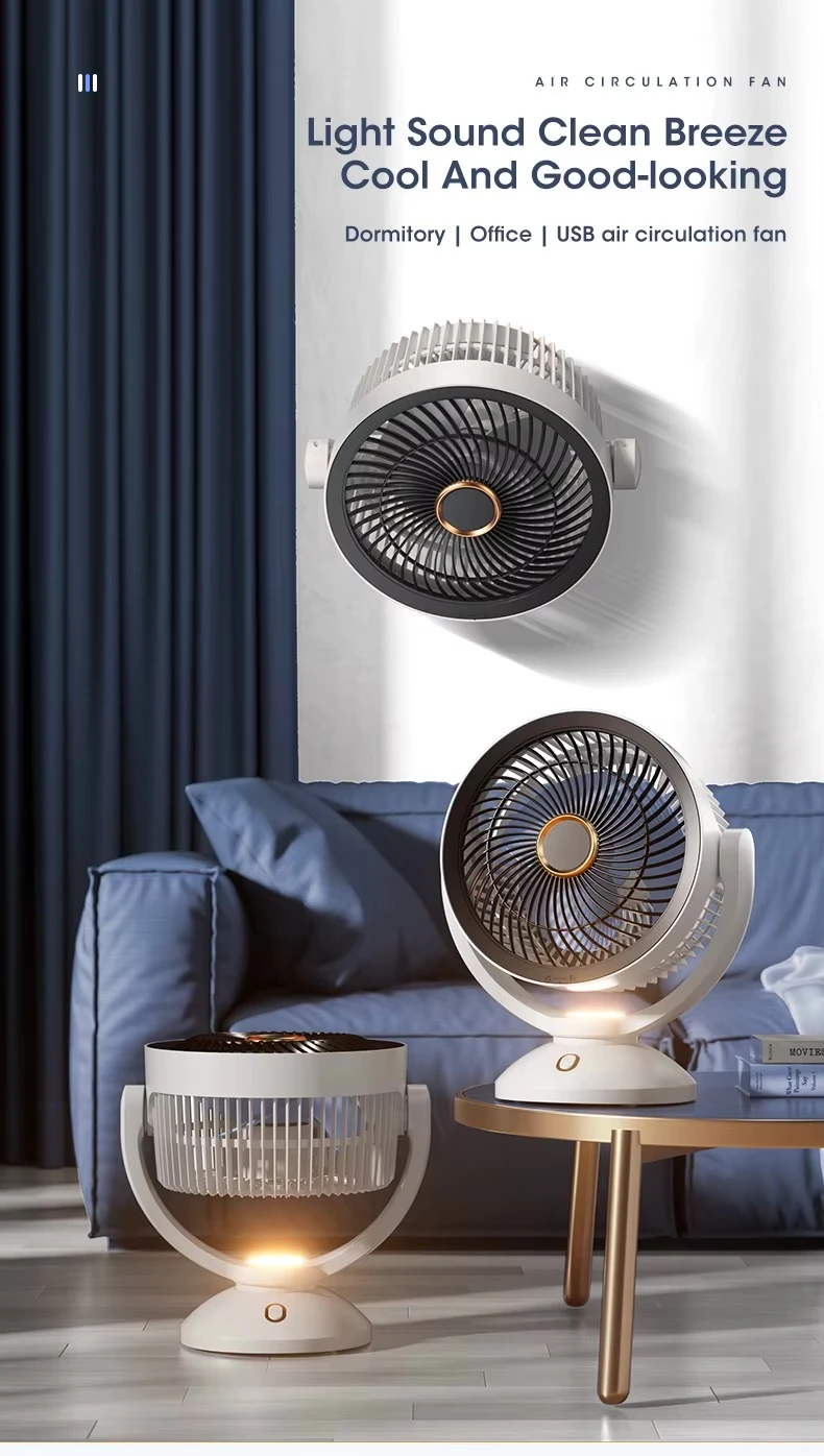 Modern minimalist Space Saving office home student dorm study room Dormitory Japanese Korean Silent Turbine USB Type-C Charge & Use Air Circulation Convection Floor Fan Timing Mini Household Electric Rotating Air Circulation Fan Fashion fans side table in white