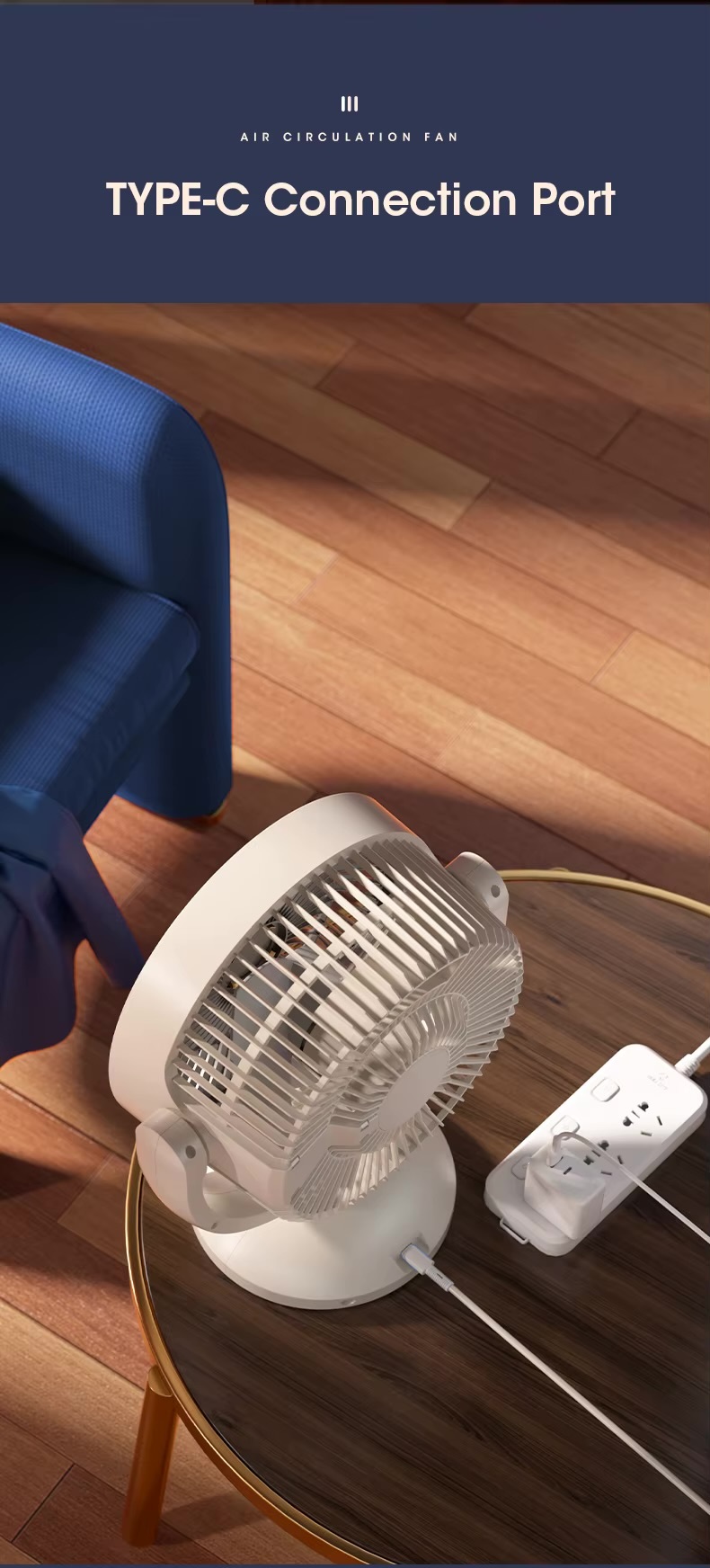 Modern minimalist Space Saving office home student dorm study room Dormitory Japanese Korean Silent Turbine USB Type-C Charge & Use Air Circulation Convection Floor Fan Timing Mini Household Electric Rotating Air Circulation Fan Fashion fans side table in white