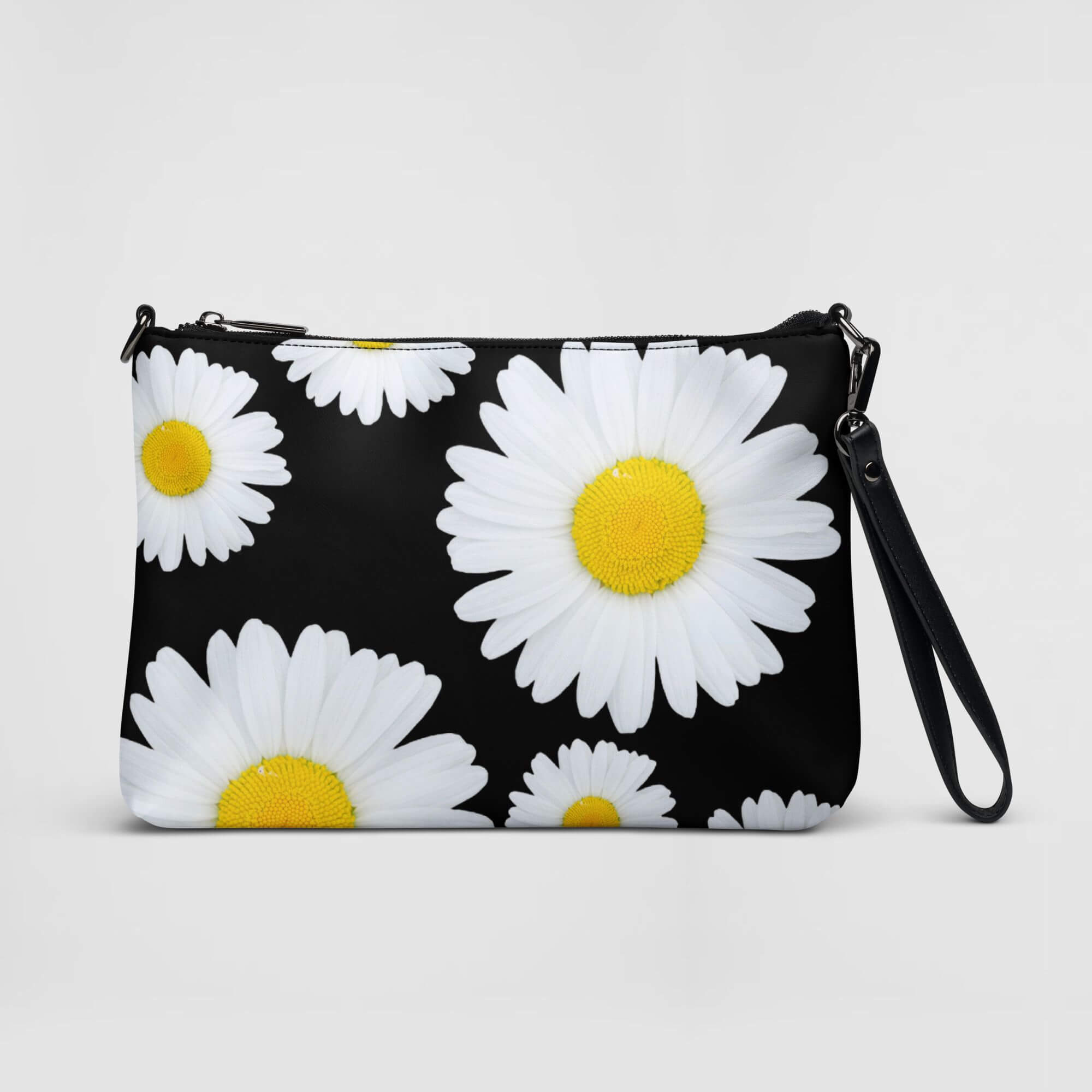 Floral Crossbody Bag    Unisex Men’s Women’s Classic Vintage PU faux vegan leather Belt miteigi Branded daisy Print Chest Bags Hip Hop Streetwear for Man Woman in black, with white yellow flowers, mens womens daisies handbags