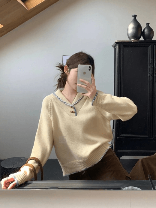 Women’s woman womens Loose long sleeves knitwear Autumn Fall Winter Spring turn-down duffle button-up Doll Collar tall-, plus-, size color block Casual Korean Sle sweaters in cream beige with blue trim accent color
