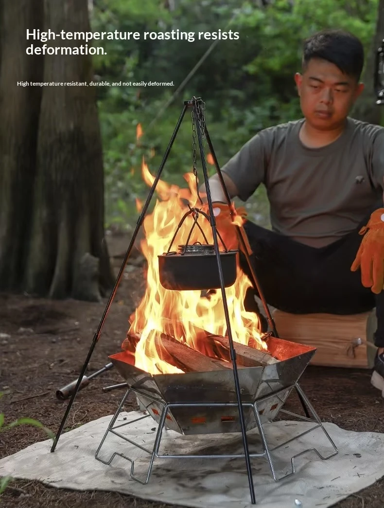 Outdoors Camping Portable Stainless Steel Folding BBQ Barbecue Grill for Outdoor Camping, Self-Driving Campsite Fire Pit & Campfire Stove in silver with carry bag