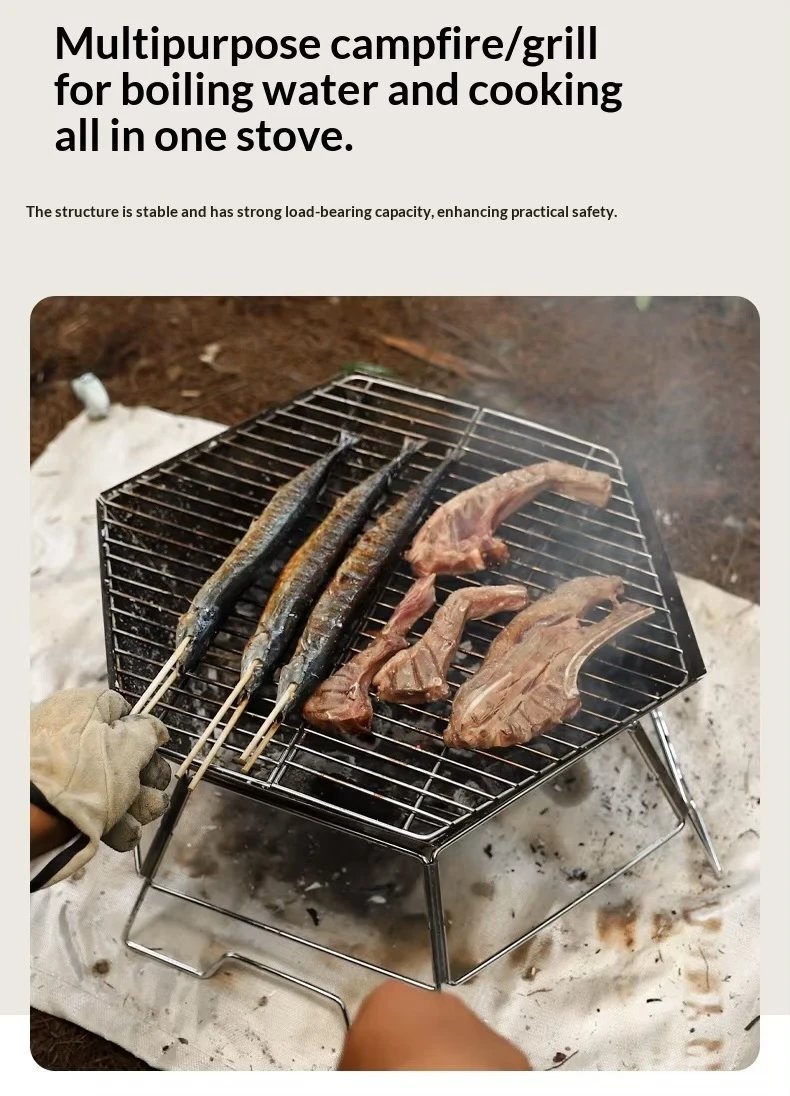 Outdoors Camping Portable Stainless Steel Folding BBQ Barbecue Grill for Outdoor Camping, Self-Driving Campsite Fire Pit & Campfire Stove in silver with carry bag