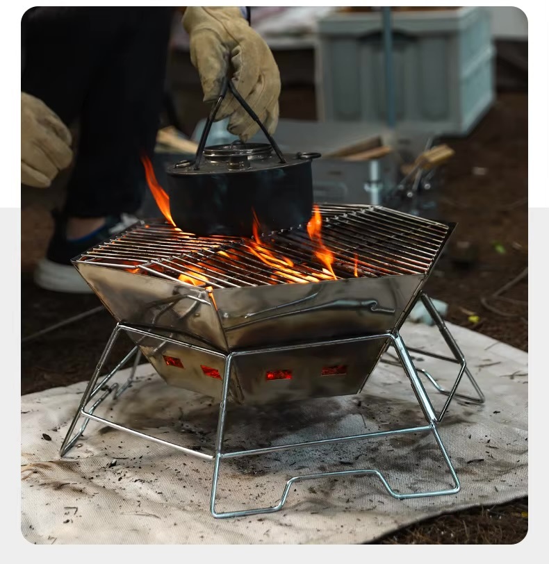 Outdoors Camping Portable Stainless Steel Folding BBQ Barbecue Grill for Outdoor Camping, Self-Driving Campsite Fire Pit & Campfire Stove in silver with carry bag