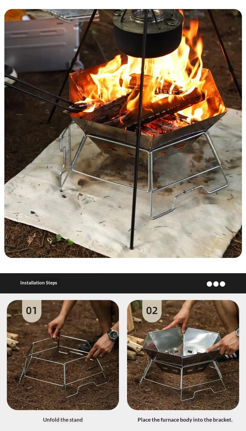 Outdoors Camping Portable Stainless Steel Folding BBQ Barbecue Grill for Outdoor Camping, Self-Driving Campsite Fire Pit & Campfire Stove in silver with carry bag