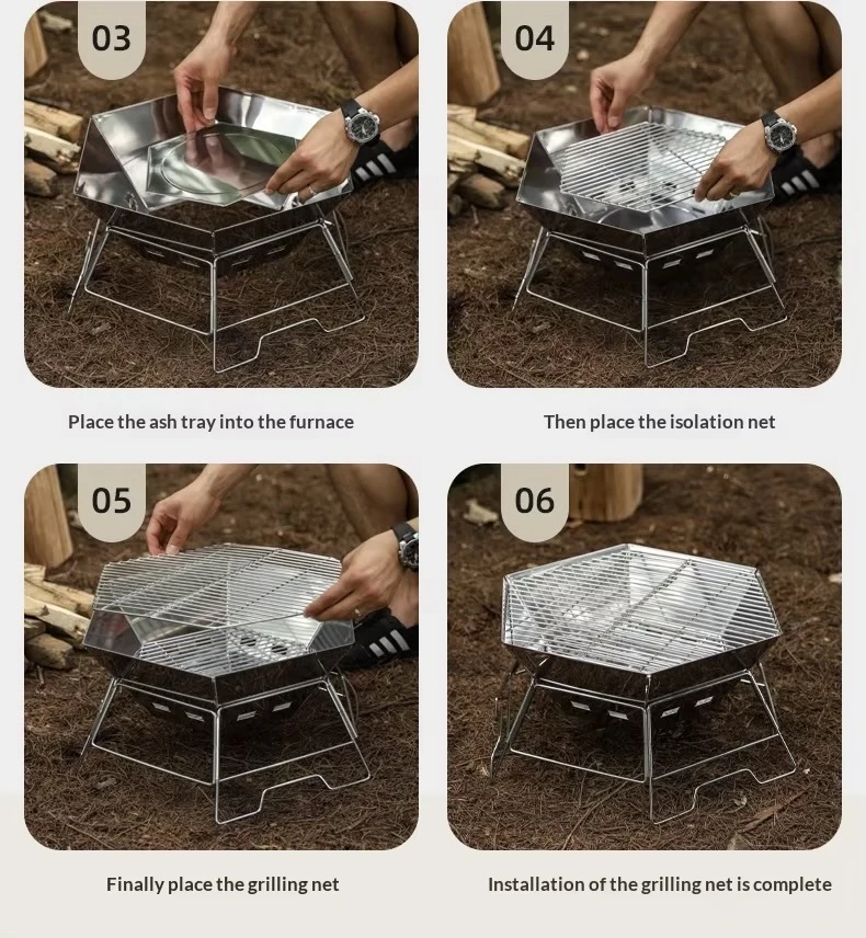 Outdoors Camping Portable Stainless Steel Folding BBQ Barbecue Grill for Outdoor Camping, Self-Driving Campsite Fire Pit & Campfire Stove in silver with carry bag
