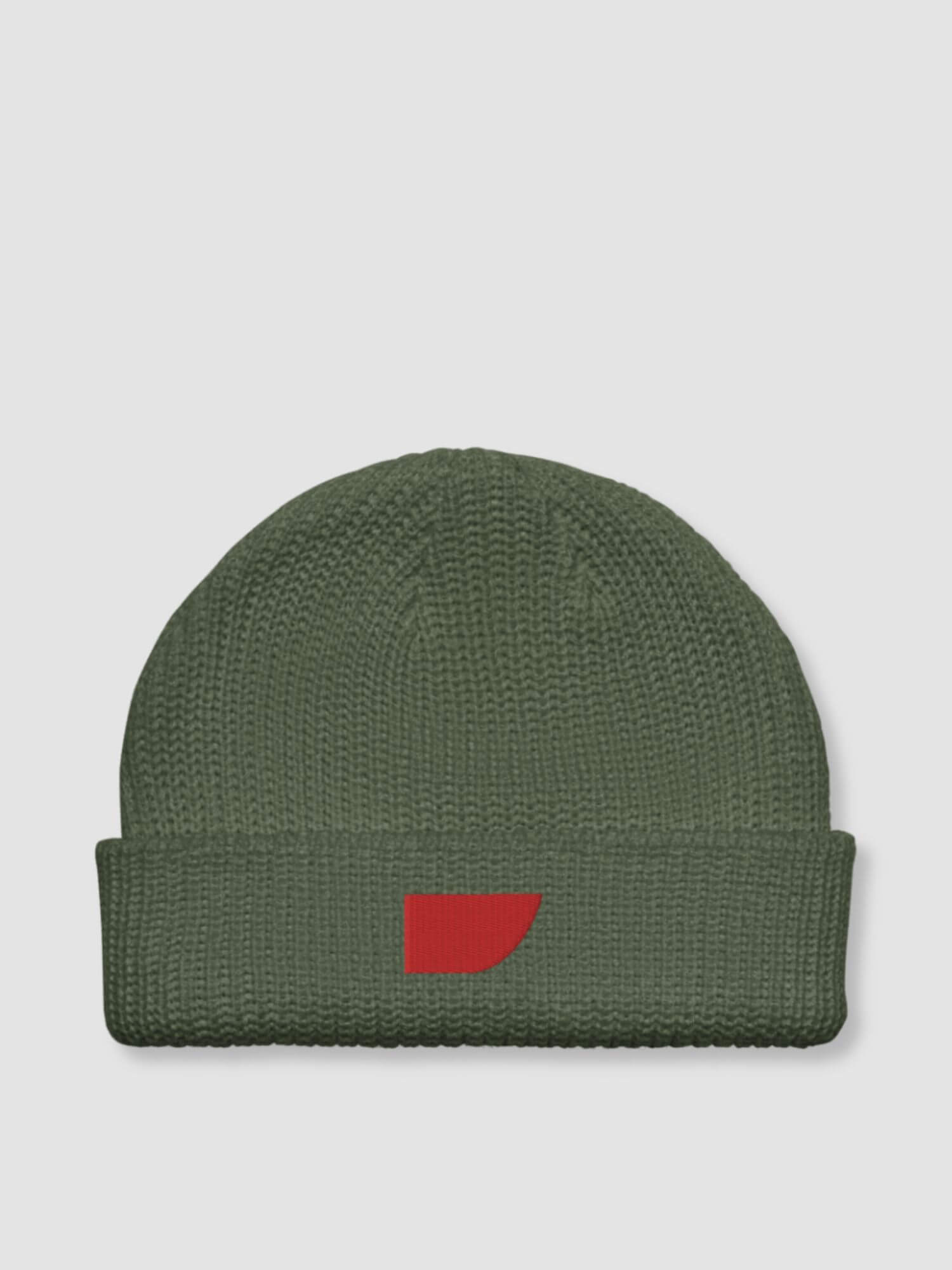 Fisherman Beanie    Genderful Men’s Women’s solid color one size hat for man woman in brown Mens Womens one size fit unisex headwear beanies anywear hats with red miteigi swoosh logo in Cypress green