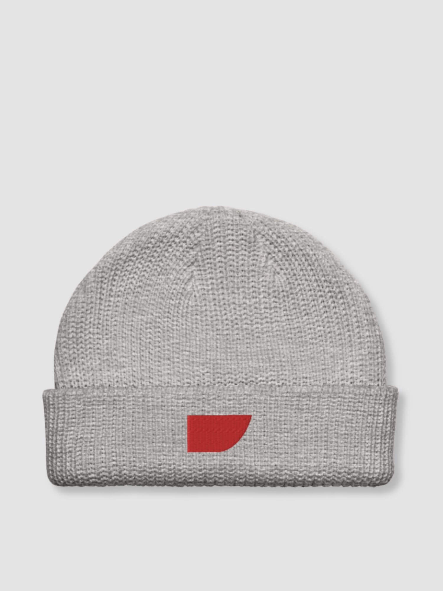 Fisherman Beanie    Genderful Men’s Women’s solid color one size hat for man woman in brown Mens Womens one size fit unisex headwear beanies anywear hats with red miteigi swoosh logo in athletic heather Gray grey