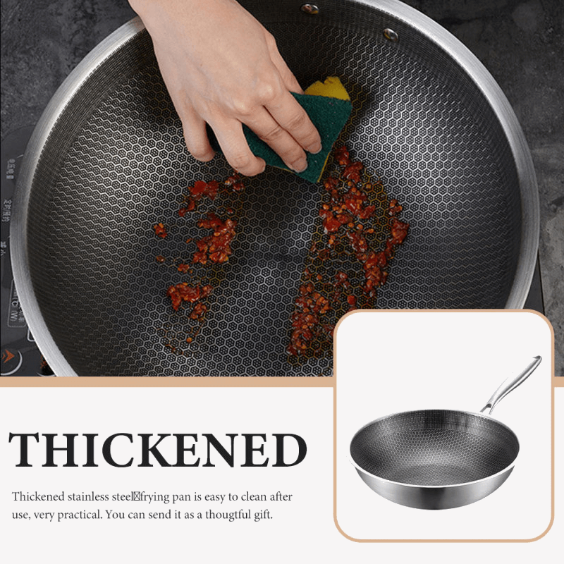 Stainless Steel Honeycomb Wok   Honeycomb-grain restaurant frying pan Kitchen non-stick cookware Japanese-, Chinese-, style easy to hold pans for stoves pans in silver charcoal Gray grey woks