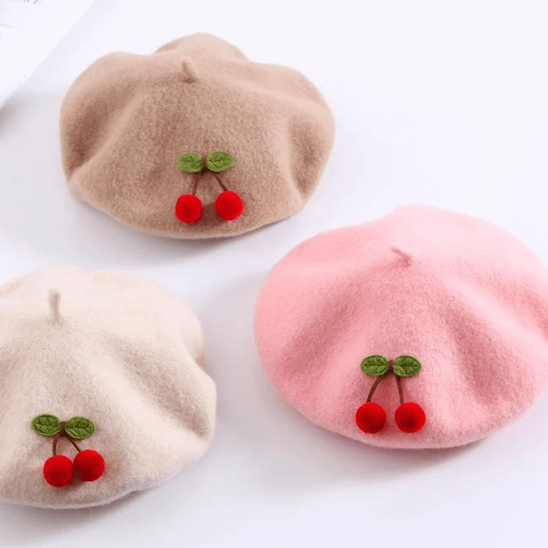 Cherry Beret  Children’s Child’s 2-6 Autumn Winter Warm Girl Pure Color Cute Japanese Style Handmade Fashion Painter Berets Kids Hats Headwear for Girls Toddlers in Khaki Beige Pink