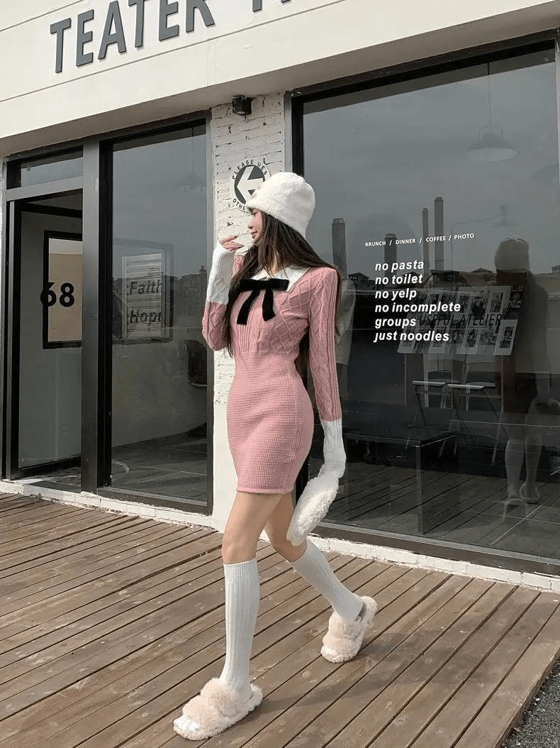 Rib Cable-Knit Midi Sweater Dress  Women’s Korean Mori Girl Autumn Tender Turn-down Collar Ins Minimalist Knitting Elegant Petite and Plus size womens black bow-tie Spring Popular All-match Dresses for woman in pink