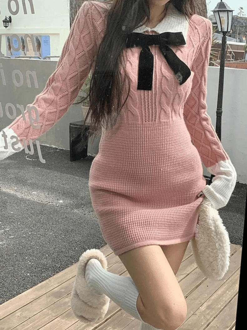 Rib Cable-Knit Midi Sweater Dress  Women’s Korean Mori Girl Autumn Tender Turn-down Collar Ins Minimalist Knitting Elegant Petite and Plus size womens black bow-tie Spring Popular All-match Dresses for woman in pink