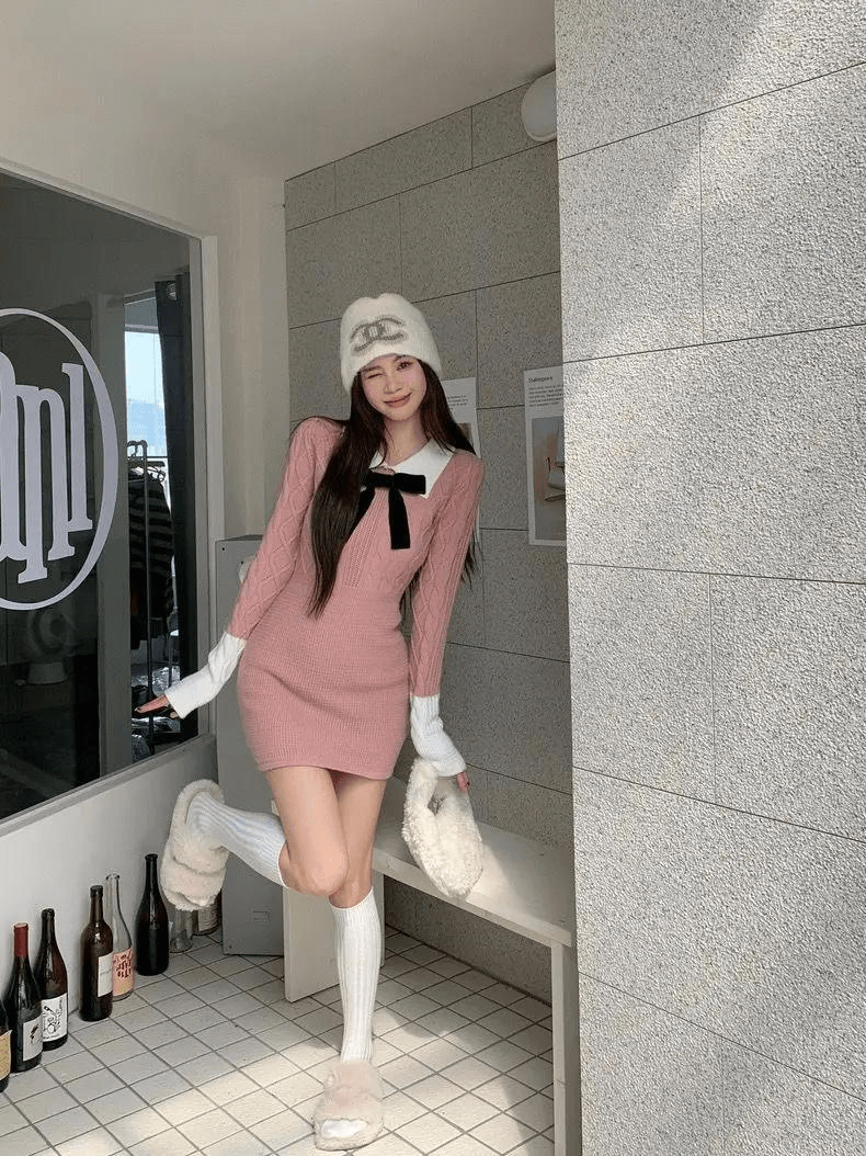 Rib Cable-Knit Midi Sweater Dress  Women’s Korean Mori Girl Autumn Tender Turn-down Collar Ins Minimalist Knitting Elegant Petite and Plus size womens black bow-tie Spring Popular All-match Dresses for woman in pink