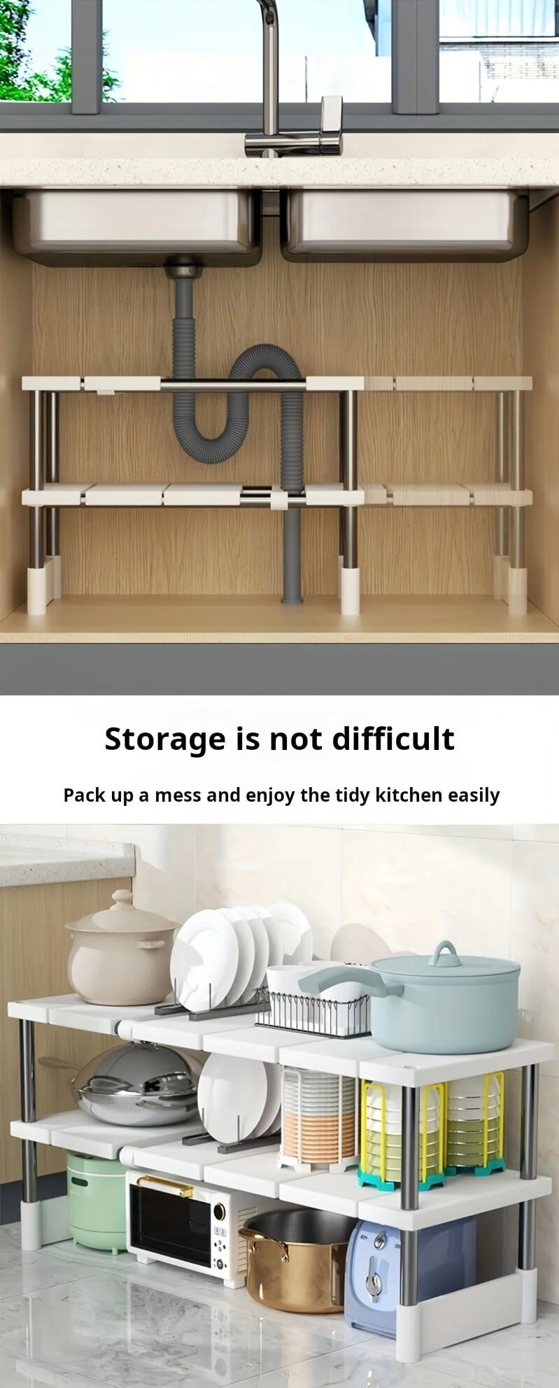 Adjustable Under Sink Storage Rack, Expandable Kitchen & Bathroom Cabinet Organizer, Durable Space-Saving Multi-Layer Pot Holders