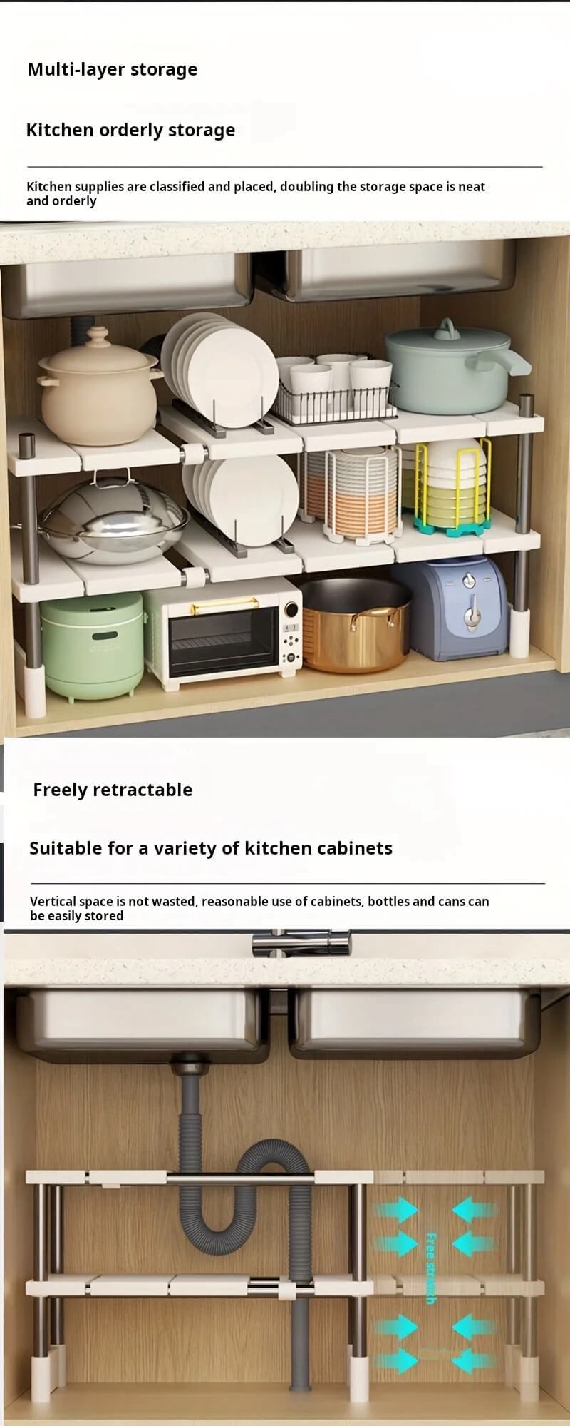 Adjustable Under Sink Storage Rack, Expandable Kitchen & Bathroom Cabinet Organizer, Durable Space-Saving Multi-Layer Pot Holders