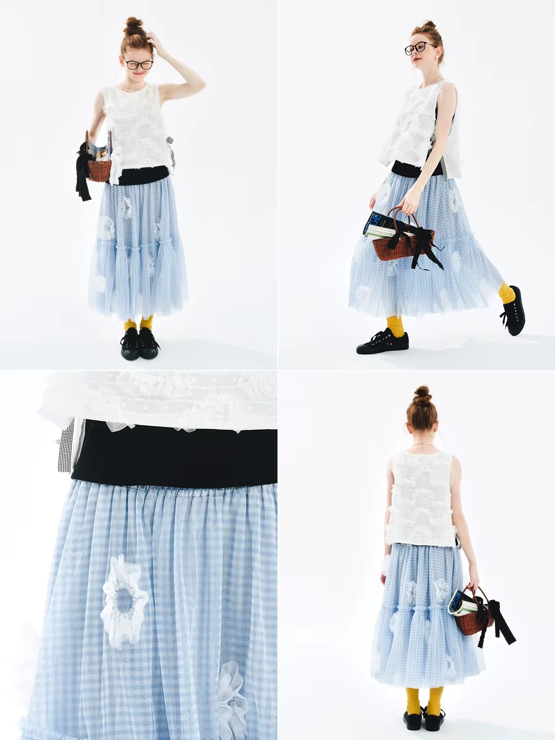 Floral Fantasy Skirt   Women’s plaid checkered underskirt versatile half sweet folds mesh ankle length skirts for woman in light blue pleats Spring summer womens party fashion 3D Flowers white lace petals pleated style #244703
