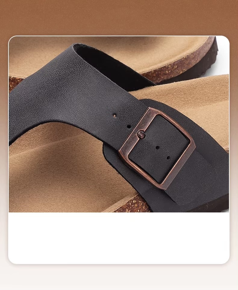 Women’s woman womens petite-, tall-, plus-, size Casual Open Toe Beach Slippers With Adjustable Buckle strap Flats Leather Cork Footbed Flip Flops Cork Sandals in dark brown