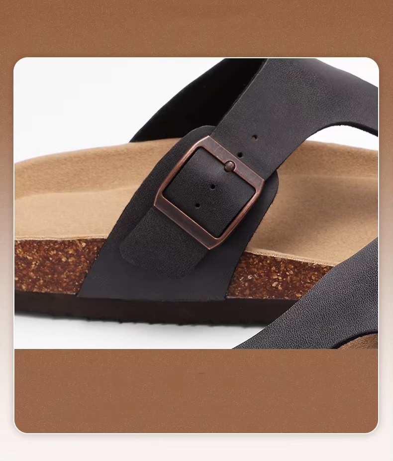 Women’s woman womens petite-, tall-, plus-, size Casual Open Toe Beach Slippers With Adjustable Buckle strap Flats Leather Cork Footbed Flip Flops Cork Sandals in dark brown