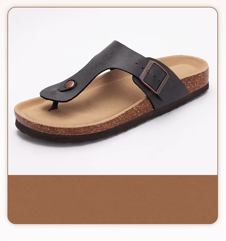 Women’s woman womens petite-, tall-, plus-, size Casual Open Toe Beach Slippers With Adjustable Buckle strap Flats Leather Cork Footbed Flip Flops Cork Sandals in dark brown