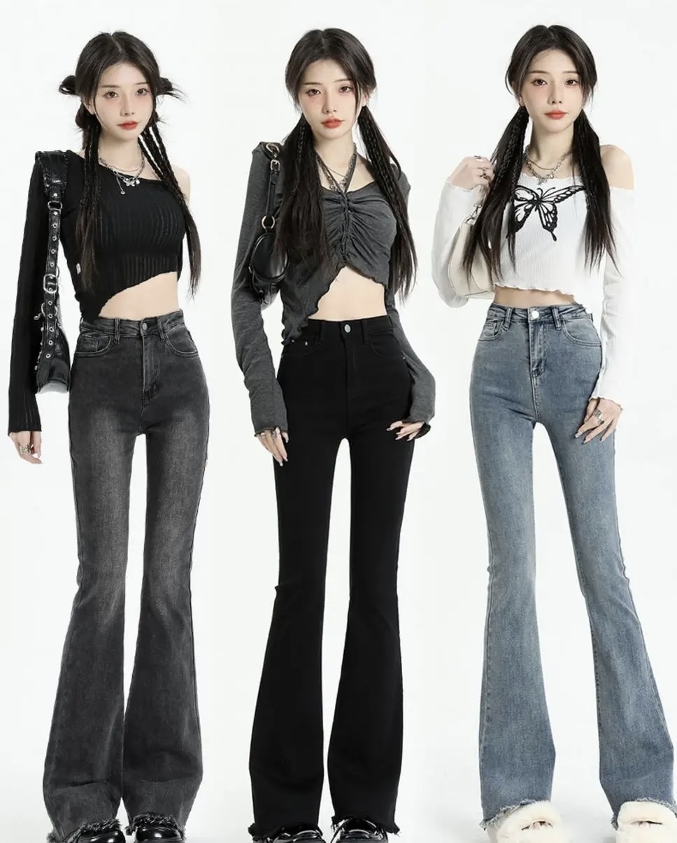 High Rise Slim ‘70s Flare Jeans gray  Women’s Elegant Denim Trousers High Waist Vintage Casual Streetwear Ripped Design Petite Plus size womens Chic Trendy Harajuku Spring Pants for woman in dark black-grey Black Light Blue