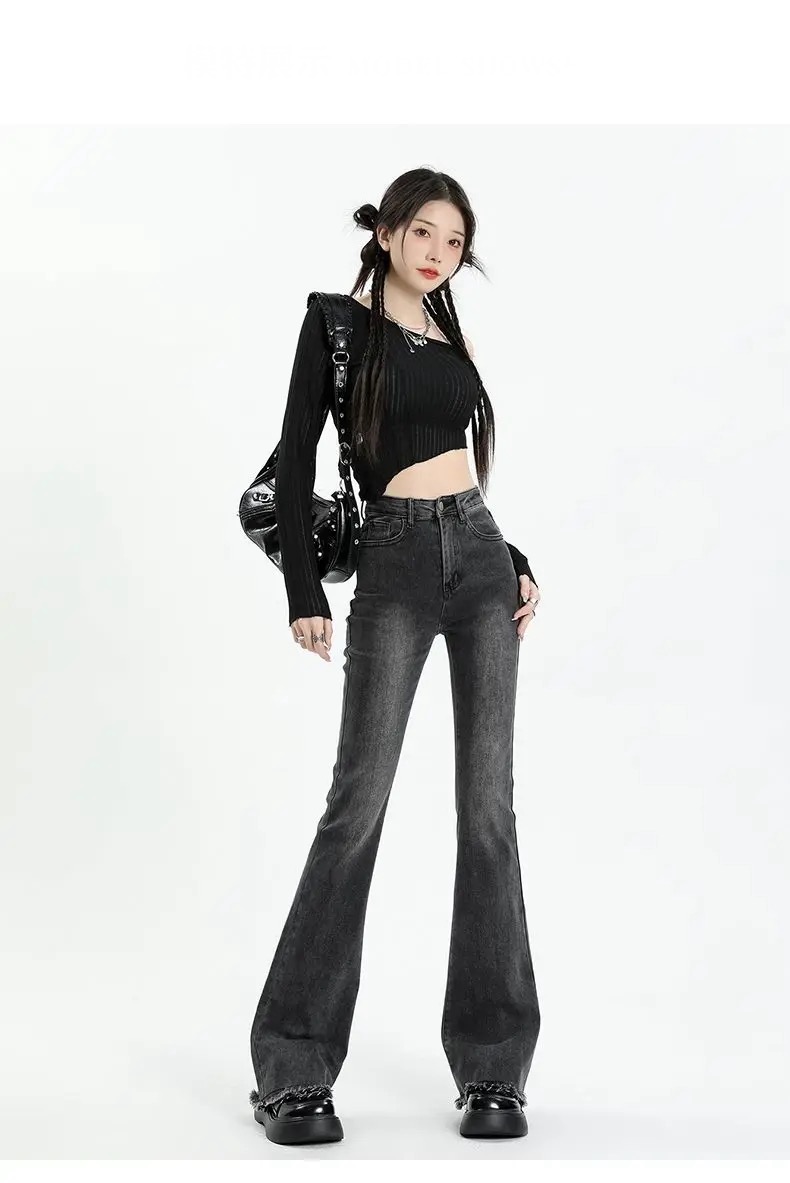 High Rise Slim ‘70s Flare Jeans gray  Women’s Elegant Denim Trousers High Waist Vintage Casual Streetwear Ripped Design Petite Plus size womens Chic Trendy Harajuku Spring Pants for woman in dark black-grey