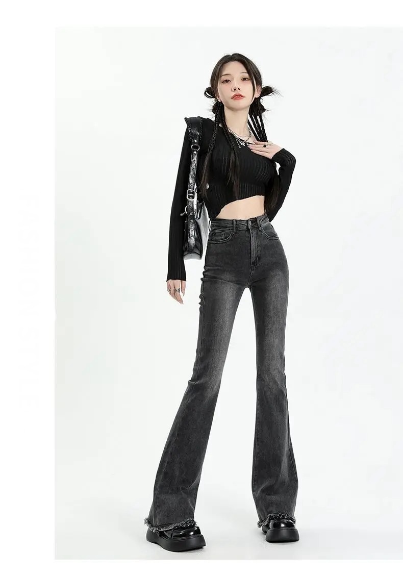 High Rise Slim ‘70s Flare Jeans gray  Women’s Elegant Denim Trousers High Waist Vintage Casual Streetwear Ripped Design Petite Plus size womens Chic Trendy Harajuku Spring Pants for woman in dark black-grey