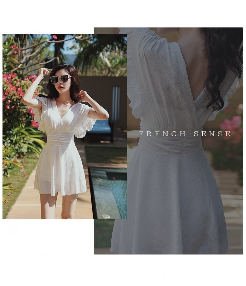 V-Neck Swim Suit Dress for Women’s French look swimming sleeveless one piece Bath white swimwear for woman in white Ruffles petite-, plus-, size above knee pleated vacation beach womens ruffled swimsuits bathing pleats midi dresses