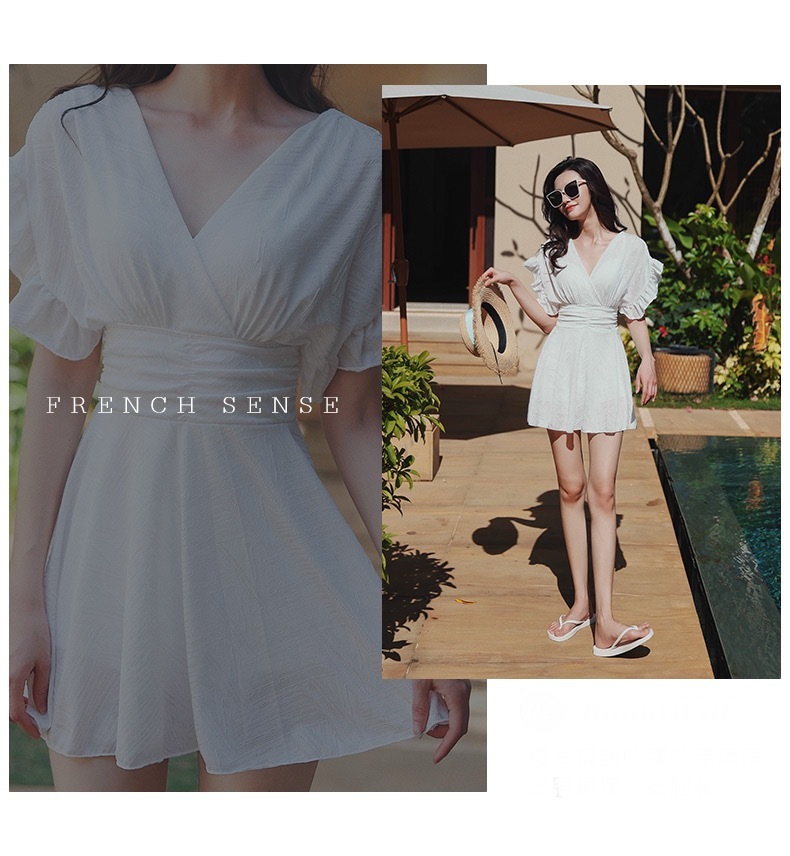 V-Neck Swim Suit Dress for Women’s French look swimming sleeveless one piece Bath white swimwear for woman in white Ruffles petite-, plus-, size above knee pleated vacation beach womens ruffled swimsuits bathing pleats midi dresses