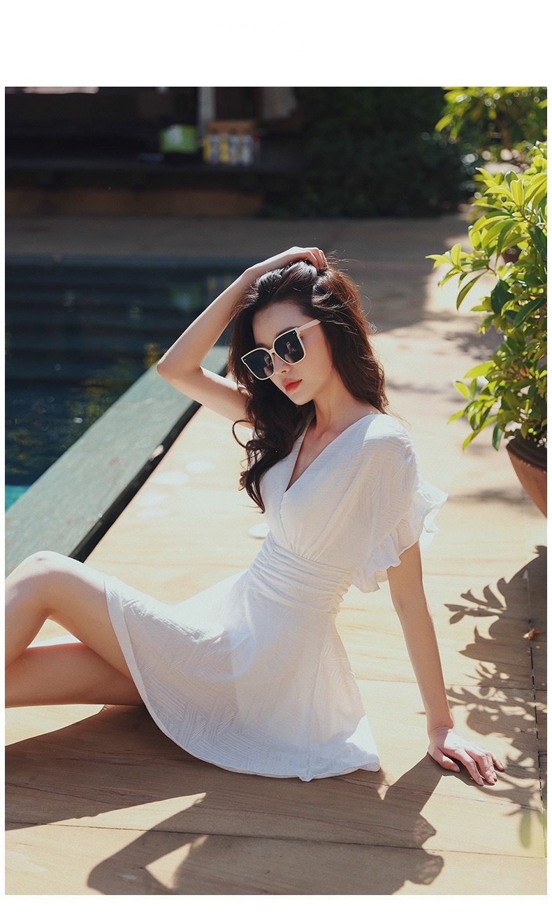 V-Neck Swim Suit Dress for Women’s French look swimming sleeveless one piece Bath white swimwear for woman in white Ruffles petite-, plus-, size above knee pleated vacation beach womens ruffled swimsuits bathing pleats midi dresses