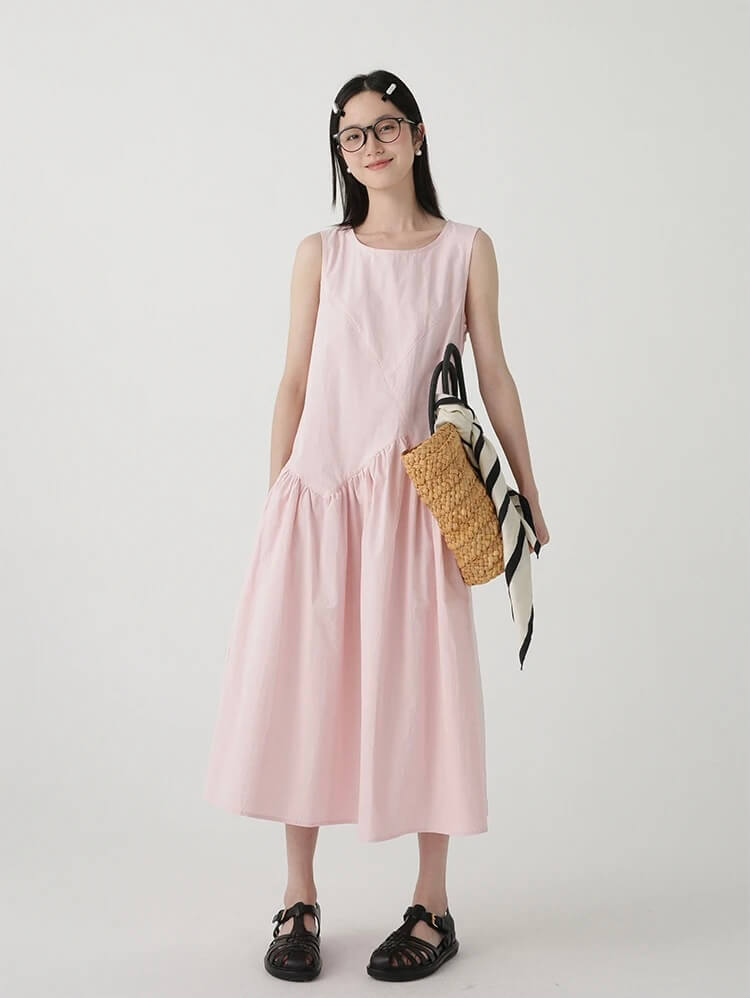 Women’s woman womens petite-, tall-, plus-, size Boatneck crewneck Low-Calorie slim fit pleated Irregular design round O-Neck sleeveless tank strap shoulder bared Summer vacation holiday getaway bloom skirt long maxi Dress in light pastel pink casual Sle Cotton crew neck pleats dresses