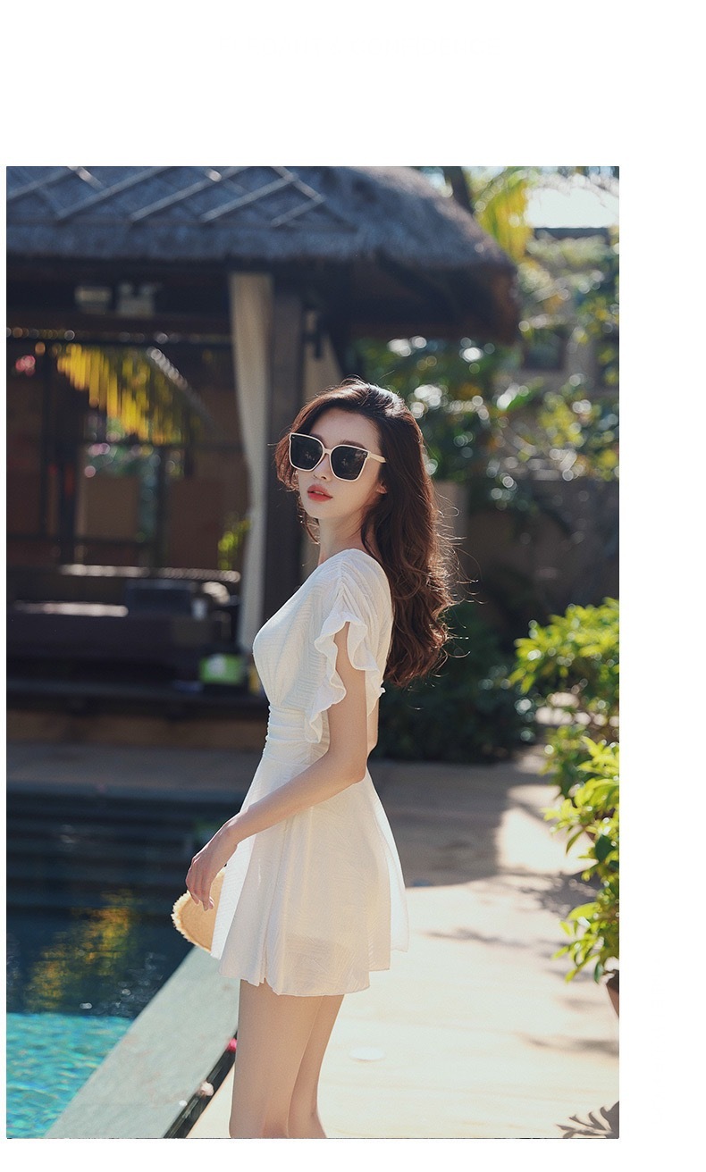 V-Neck Swim Suit Dress for Women’s French look swimming sleeveless one piece Bath white swimwear for woman in white Ruffles petite-, plus-, size above knee pleated vacation beach womens ruffled swimsuits bathing pleats midi dresses