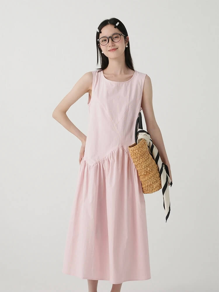 Women’s woman womens petite-, tall-, plus-, size Boatneck crewneck Low-Calorie slim fit pleated Irregular design round O-Neck sleeveless tank strap shoulder bared Summer vacation holiday getaway bloom skirt long maxi Dress in light pastel pink casual Sle Cotton crew neck pleats dresses