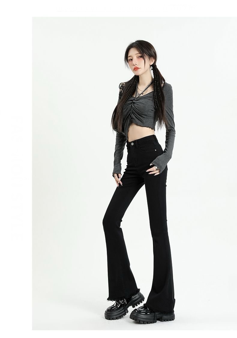 High Rise Slim ‘70s Flare Jeans black  Women’s Elegant Denim Trousers High Waist Vintage Casual Streetwear Ripped Design Petite Plus size womens Chic Trendy Harajuku Spring Pants for woman