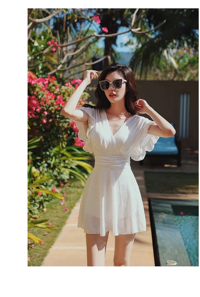 V-Neck Swim Suit Dress for Women’s French look swimming sleeveless one piece Bath white swimwear for woman in white Ruffles petite-, plus-, size above knee pleated vacation beach womens ruffled swimsuits bathing pleats midi dresses