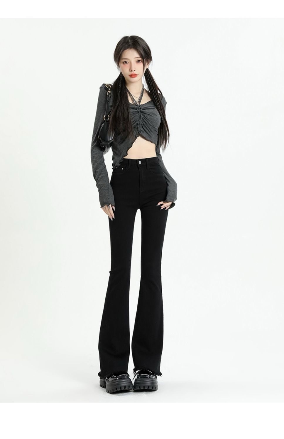 High Rise Slim ‘70s Flare Jeans black  Women’s Elegant Denim Trousers High Waist Vintage Casual Streetwear Ripped Design Petite Plus size womens Chic Trendy Harajuku Spring Pants for woman