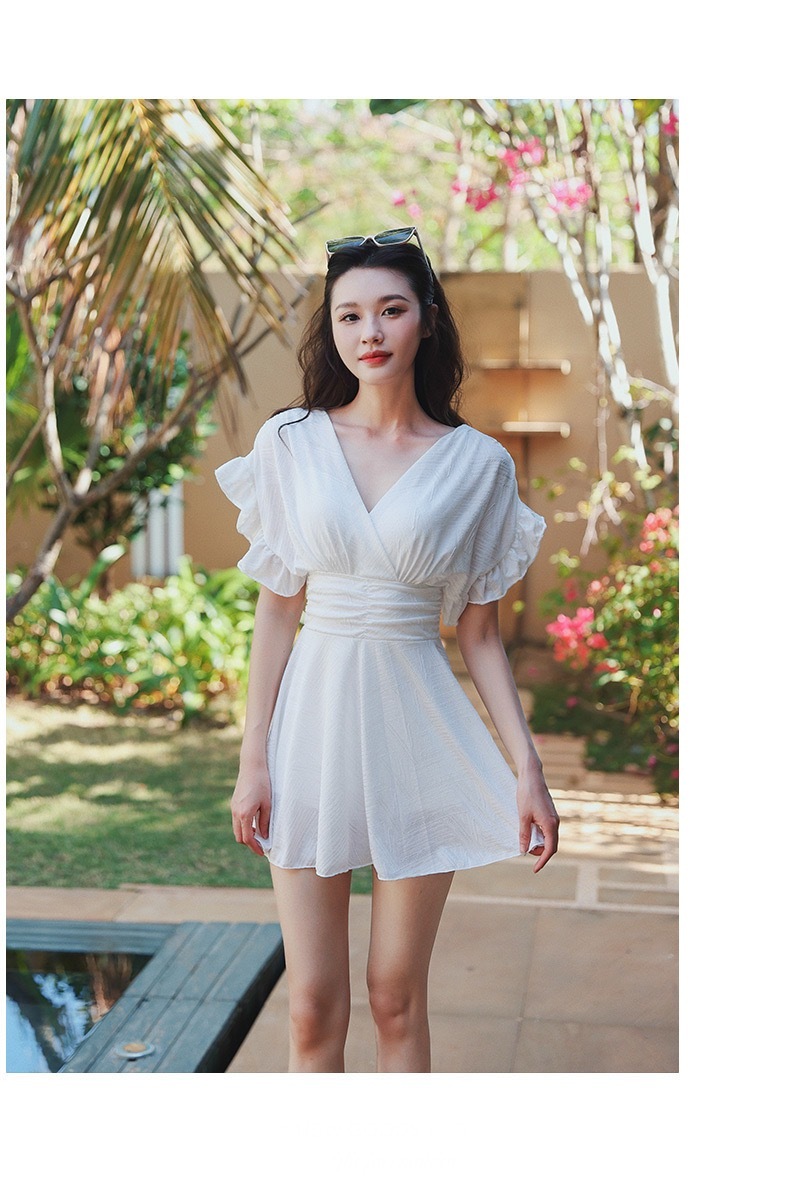 V-Neck Swim Suit Dress for Women’s French look swimming sleeveless one piece Bath white swimwear for woman in white Ruffles petite-, plus-, size above knee pleated vacation beach womens ruffled swimsuits bathing pleats midi dresses