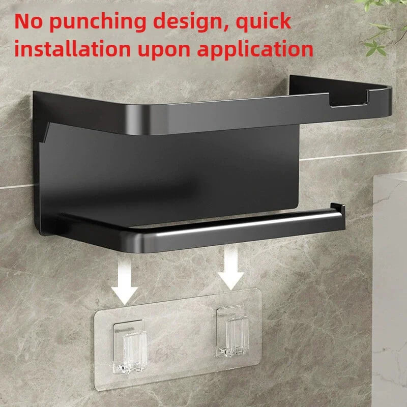 Adhesive Wall Mounted Toilet Paper Holder with Storage Hooks Multifunctional Organizer for Towel Phone Watch Home Hotel Bathroom with shelf in black, Gray grey, white