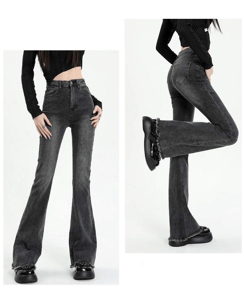 High Rise Slim ‘70s Flare Jeans gray  Women’s Elegant Denim Trousers High Waist Vintage Casual Streetwear Ripped Design Petite Plus size womens Chic Trendy Harajuku Spring Pants for woman in dark black-grey