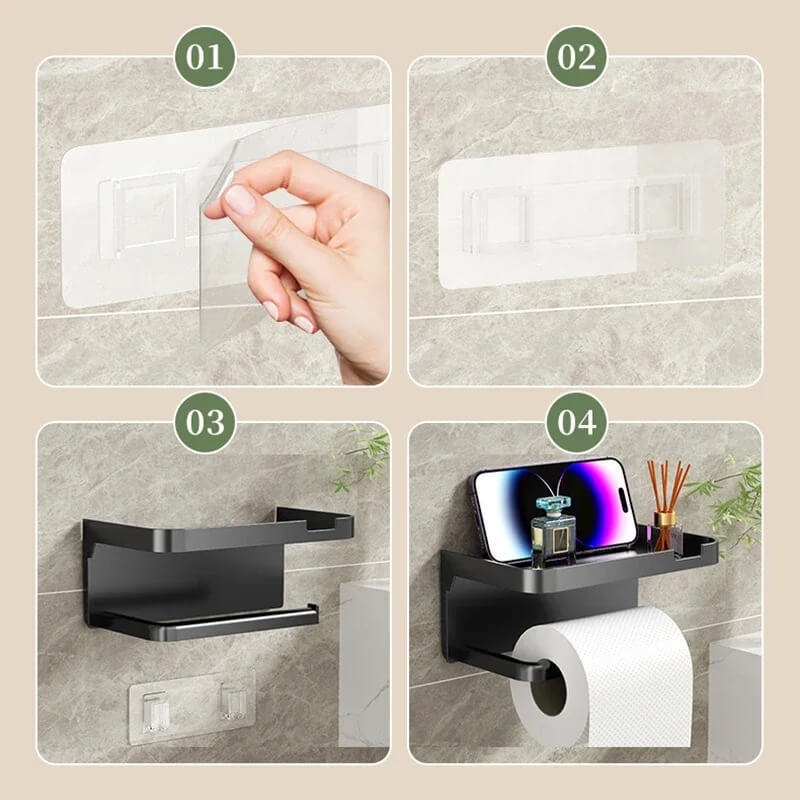 Adhesive Wall Mounted Toilet Paper Holder with Storage Hooks Multifunctional Organizer for Towel Phone Watch Home Hotel Bathroom with shelf in black, Gray grey, white
